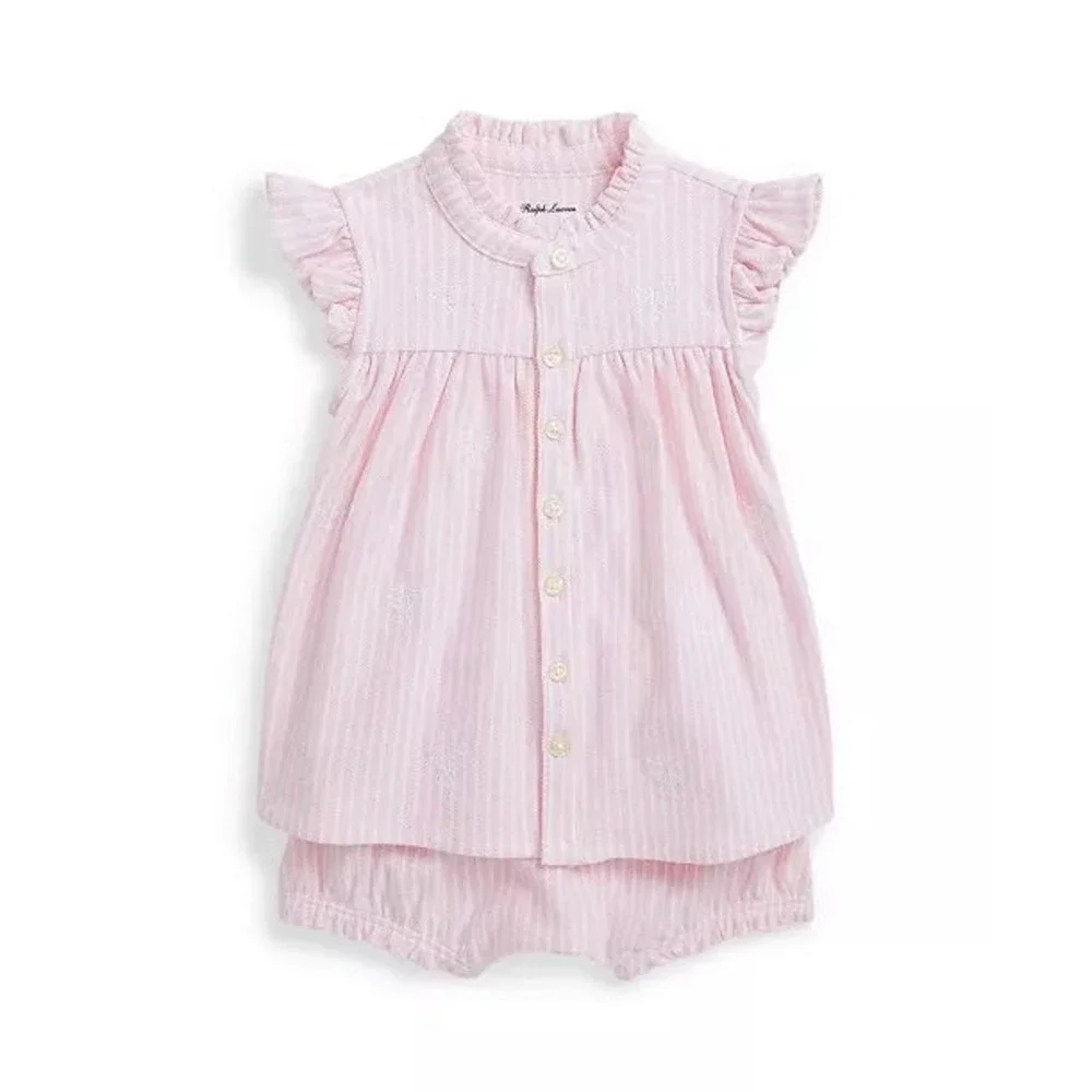 Ralph Lauren Baby Girls Pink White Stripe Tennis Bow Dress Bloomers‎ Set 24M NWT